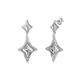 Macro detail of silver star drop earrings with rectangular zircon and double star design - Rhinestone Star Dangle Earring (STKE29) / 3.5g / Steel