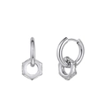 Detail of silver stainless steel earrings with hexagonal zircon pave drop charms - Hexagon Micro-Pave Zirconia Dangle Hoop (STKE20) / 7.3g / Steel