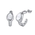 French vintage silver-tone C-shaped earrings with inlaid white mother of pearl - Streamlined Mother-of-Pearl Inlay Hoop (STME07) / 9.0g / Steel