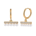 Elegant gold hoop earrings with bar pendant featuring rhinestones and five hanging pearls - Rhinestone Row Pearl Dangle Earrings (STPE08) / 4.4g / Gold