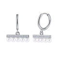 Detailed view of silver hoop earrings with horizontal bar, zircon stones and five pearls - Rhinestone Row Pearl Dangle Earrings (STPE08) / 4.4g / Steel
