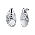 Detailed view of silver pleated earrings featuring a lustrous round white opal gemstone - Pleated Metal Oval Gem Style (STME03) / 14.5g / Steel