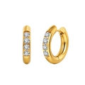 Detail of 18K gold-plated huggie hoop earrings with four vertical cubic zirconia stones - 4-Rhinestone Huggie Hoop (STKE25) / 8.0g / Gold