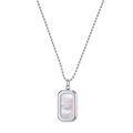 Close-up of a rectangular white mother of pearl pendant on a stainless steel ball chain - Rectangular Shell Inlay Pendant (STMN11) / Steel