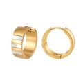 Close-up of gold stainless steel hoop earrings with white inlay and hinged clasp - Mother-of-Pearl Wide Band Hoop Earring (STME06) / 9.2g / Gold