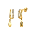 Elegant gold double layer C-hoop earrings with zircon pave and polished teardrop pendant - Rhinestone Double Layer Tear Drop Dangle (STKE26) / 2.7g / Gold