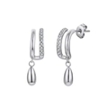 Detailed view of silver double-layered C-shaped hoop earrings with zircon teardrop charms - Rhinestone Double Layer Tear Drop Dangle (STKE26) / 2.7g / Steel