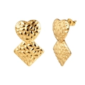 Detail of 18K gold-plated heart and diamond-shaped stud earrings with hammer texture - Hammered Heart and Diamond Link Studs (STGE02) / 4.9g / Gold