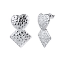 Detailed silver stainless steel earrings with heart and rhombus hammer-textured design - Hammered Heart and Diamond Link Studs (STGE02) / 4.9g / Steel