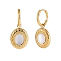 Close-up of gold titanium earrings featuring shell pearl inlay and retro spiral texture - Radiant Pattern Oval Gem Earrings (STME05) / 12.0g / Gold