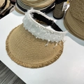 Women's straw top sun hat with wide frayed brim and white textured fabric band - 56-58cm / White