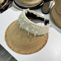 Detail of straw sun visor with frayed edges, cream ribbon and adjustable buckle - 56-58cm / Beige