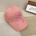 Pink cotton baseball cap with embroidered bow detail and trendy street style design - 56-58cm Adjustable / Pink