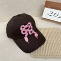 Dark brown baseball cap featuring pink embroidered snake bow and cotton canvas texture - 56-58cm Adjustable / Brown