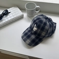 Navy blue checkered baseball cap featuring cute white bunny embroidery in a casual setting - 56-58cm / Navy Blue