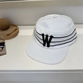 White corduroy flat top military cap featuring gothic W embroidery and black stripes - 56-58cm Adjustable / White