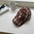 Reddish-brown plaid baseball cap with white rabbit embroidery and adjustable back - 56-58cm / Burgundy