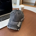 Gorra de béisbol de mezclilla lavada negra con bordado Never Give Up y detalles rotos - 56-58cm Ajustable / Negro Gris Mezclilla