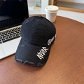 Vintage black washed denim baseball cap with Never Give Up embroidery and distressed details - 56-58cm Adjustable / Black