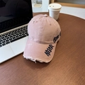 Pink washed denim baseball cap with distressed details and Never Give Up embroidery - 56-58cm Adjustable / Pink