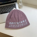 Purple knit beanie featuring light blue ADVENTURE text in a cozy street style design - 56-58cm / Pink