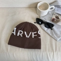 Dark brown knitted beanie with white Harvest letter jacquard and stylish turn-up cuff - 56-58cm / Coffee