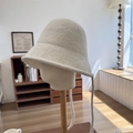 Minimalist oatmeal knit bucket hat with lace-up straps and fuzzy woven texture - 56-58cm / Off-white