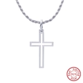 925 sterling silver hollow cross pendant necklace with classic rope chain for unisex style - Platinum Plated Silver Cross Pendant
