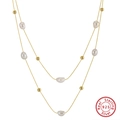 Collana doppia catena in argento 925 dorato con ciondoli di perle d'acqua dolce naturali - Argento 925 / Oro 14K