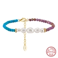 Armband aus S925 Sterlingsilber mit Süßwasserperlen und Türkis-Edelsteinen - Barockperle + Blau Violett Edelsteinperlen (16.5+5cm) / 925er Silber