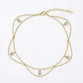 Gold double-layered S925 sterling silver anklet with five round sparkling zircon stones - Gold