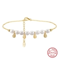 Tobillera de plata S925 con perlas de agua dulce y colgantes dorados de gota - Oro de 14K