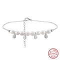 Tobillera de plata S925 con perlas de agua dulce y colgantes de gota texturizados - Oro Blanco