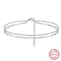 Double-layer S925 sterling silver anklet with heart chain and round bead design - Silver