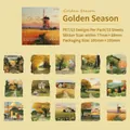 Autumn oil painting PET stickers set featuring 15 warm landscape scenery designs - Golden Season
