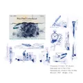 Retro blue PET stickers featuring vintage pens and clocks for DIY scrapbooking - Pen Dust Letterhead
