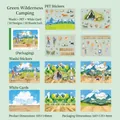 Pegatinas de camping para agenda con escenas de bosque y montaña en papel washi y PET - Camping en el Campo Verde