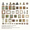 50er Set Vintage Aufkleber mit Zahnrädern und Stempeln auf weißem Kraftpapier - Studienobjekte