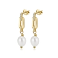 Close-up of S925 sterling silver pearl drop earrings with sparkling zircon accents - 14K Gold Plated (GPE122)