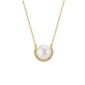 Close-up of elegant pearl pendant with gold plating and sparkling zircon stones on a thin chain - White Button Pearl With Round White Zirconia / Gold
