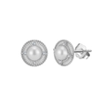 Macro shot of S925 sterling silver pearl earrings with 5A zirconia stones detailing - Sunburst Zirconia Design / 11mm / Silver