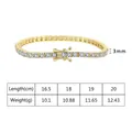 Golden 3mm tennis bracelet with round cubic zirconia stones and size specifications - 16.5cm / 3mm Round Style / Gold