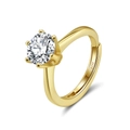 Anillo ajustable de plata S925 bañada en oro con circón de 6 puntas y gran brillo - Abierto Ajustable / 6.5mm (1ct) / Dorado