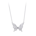 Detailed view of silver butterfly pendant with white enamel inlay on delicate chain - Silver