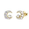Gold-plated S925 sterling silver stud earrings featuring G-shaped moon and crystal accents - Electroplated 14K Gold (SE416)