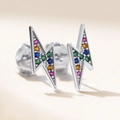 Macro view of S925 silver lightning stud earrings featuring colorful pave zircon stones - White Gold with Colorful Zirconia