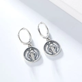 Detailed macro view of S925 sterling silver Virgin Mary religious coin drop earrings - 925 Silver / Silver