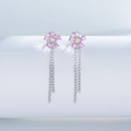 S925 silver flower tassel earrings with pink zircons and iridescent opal stone accents - 925 Silver / White