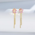 S925 silver flower earrings with pink zirconia and elegant long chain tassels - 925 Silver / Yellow