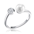 Adjustable S925 sterling silver ring featuring a white pearl and sparkling pavé zircon disk - SR15